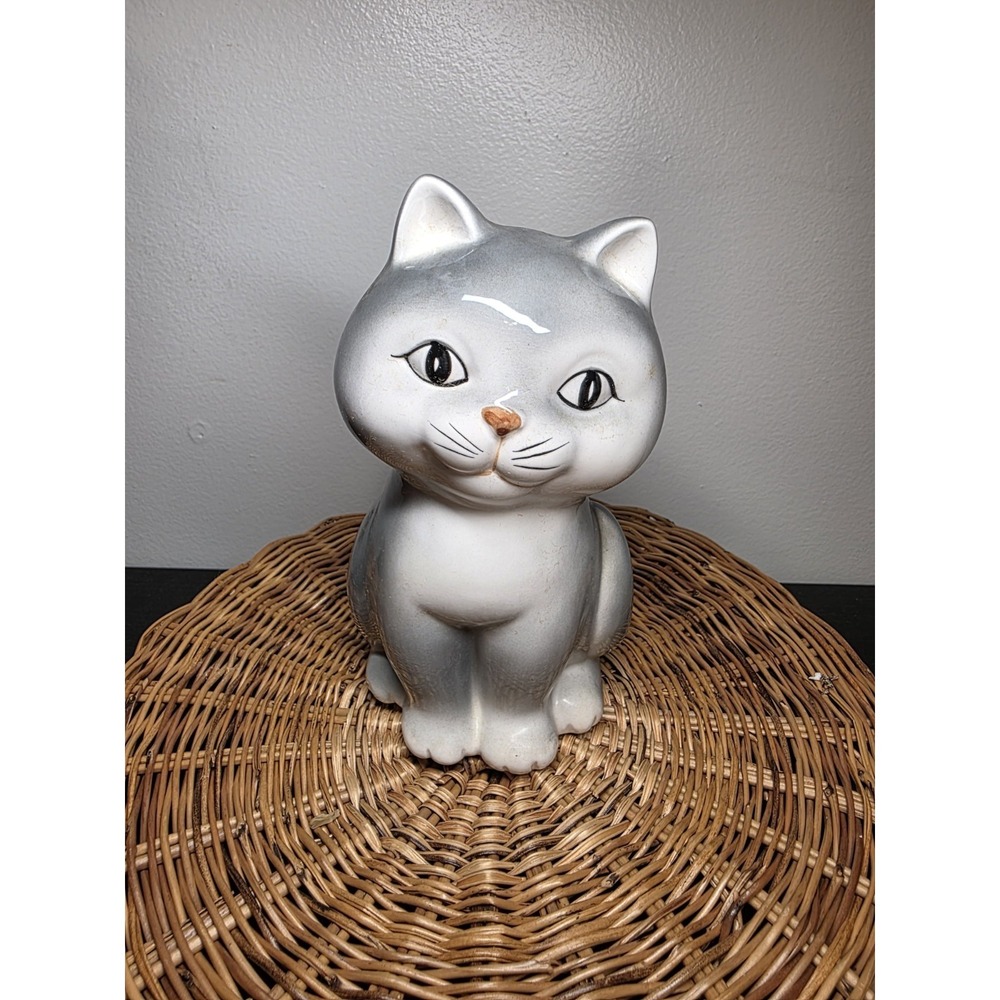 Vintage Grey Cat Kitten Figurine Bank Otagiri 1980 Japan